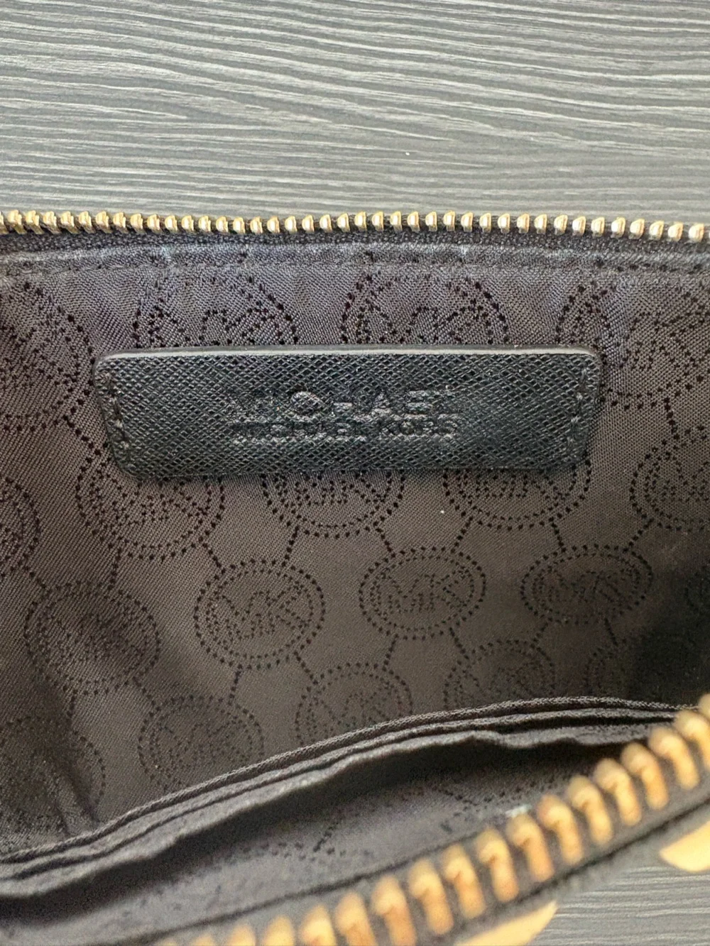 Michael Kors Studded Saffiano Leather Zip Wristlet Wallet Black Gold